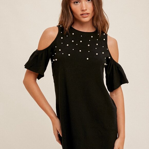 HEM & THREAD Black Cold Shoulder Pearl Embellished Dress Chic Party Date Night - Picture 5 of 5